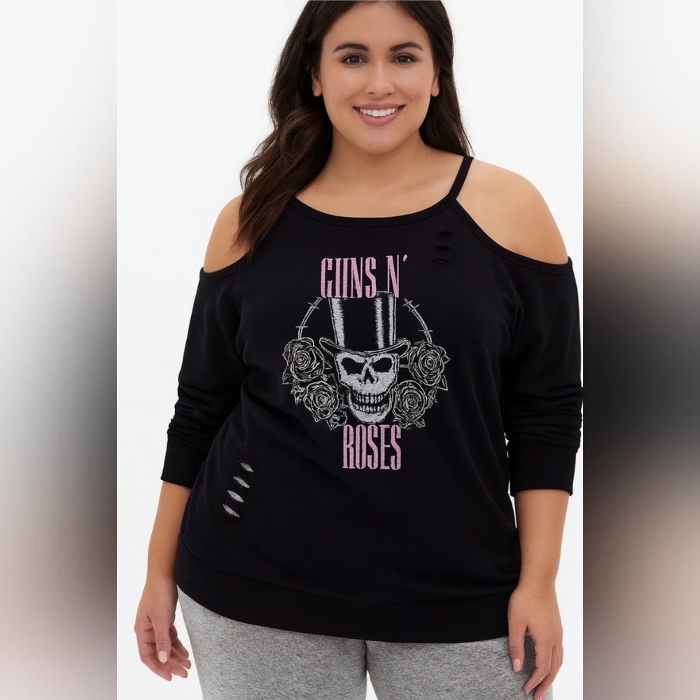 2X GUNS N ROSES Torrid Black Cold Shoulder Graphic Thin Distressed Sweatshirt
